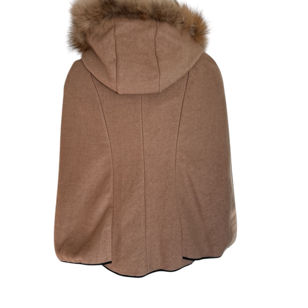 Women's Tan Cape Coat with Detachable Faux Fur Trim Hood - Picture 10 of 11